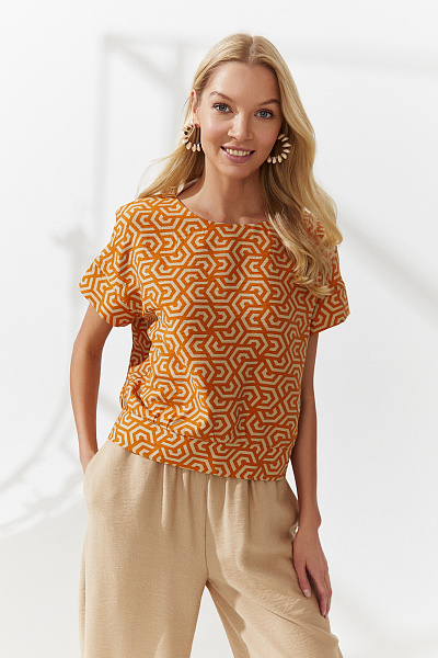 Блуза оранжевая с принтом свободного силуэта