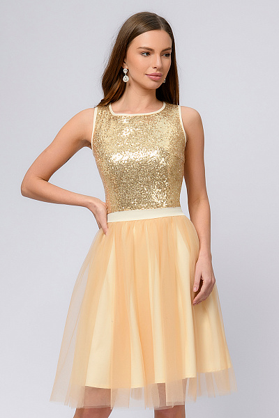 Платье золотое длины миди с пайетками и фатиновой юбкой