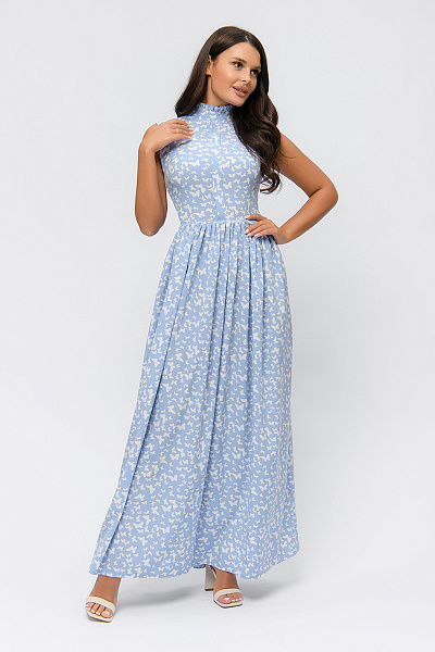 Платье голубого цвета с принтом длины макси без рукавов