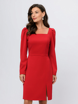 Платье красного цвета длини мини с вырезом "каре" и разрезом