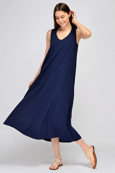 Платье темно-синее длины макси без рукавов с карманами