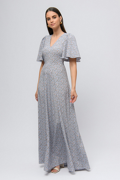 Платье голубого цвета с принтом длины макси с глубоким вырезом