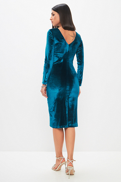 Платье-футляр синее длины миди с V-образным вырезом на спинке