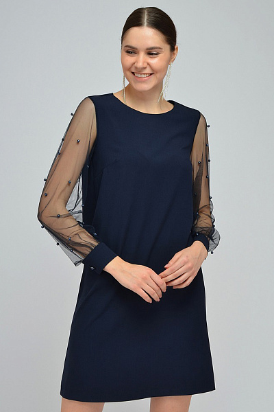 Платье темно-синее длины мини с бусинами на рукавах