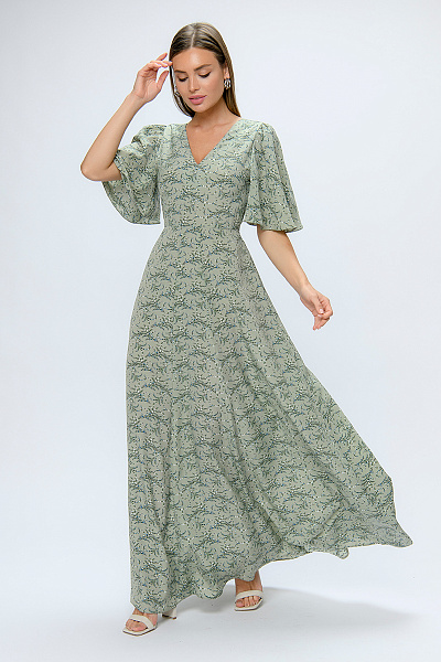 Платье оливкового цвета с принтом длины макси с глубоким вырезом